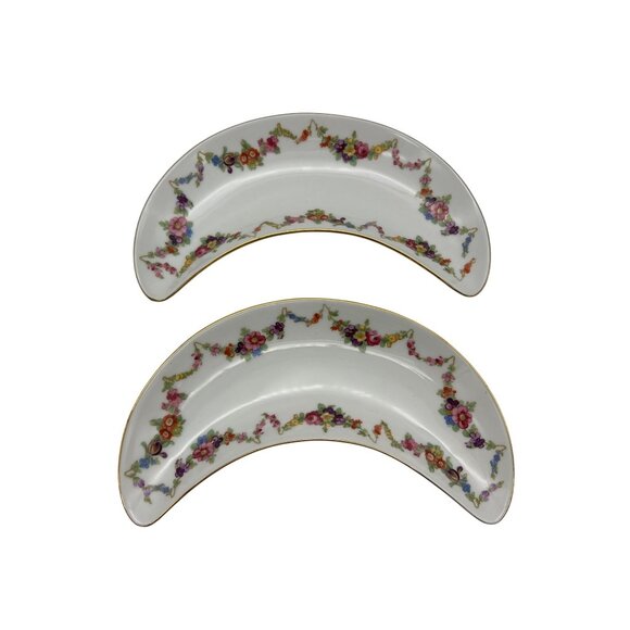 Schumann Arzberg Bavaria Floral Garland Crescent Bone Dishes Pair 8in Gold Rim - Picture 1 of 6